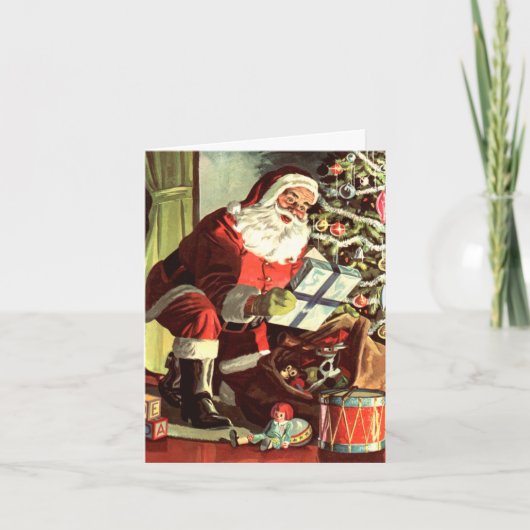ヴィンテージクリスマス、レトロサンタクロースとプレゼント サンキューカード (正面)