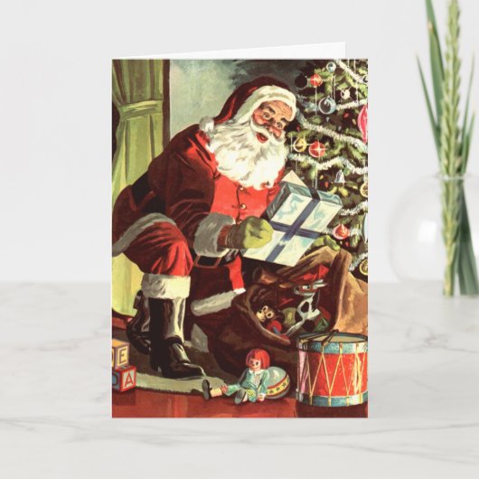 ヴィンテージクリスマス、レトロサンタクロースとプレゼント シーズンカード (正面)