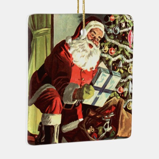 ヴィンテージクリスマス、レトロサンタクロースとプレゼント セラミックオーナメント (右)