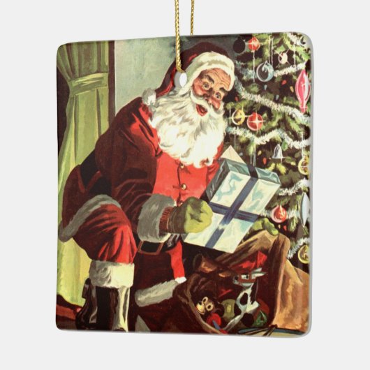 ヴィンテージクリスマス、レトロサンタクロースとプレゼント セラミックオーナメント (左)