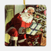 ヴィンテージクリスマス、レトロサンタクロースとプレゼント セラミックオーナメント (正面)