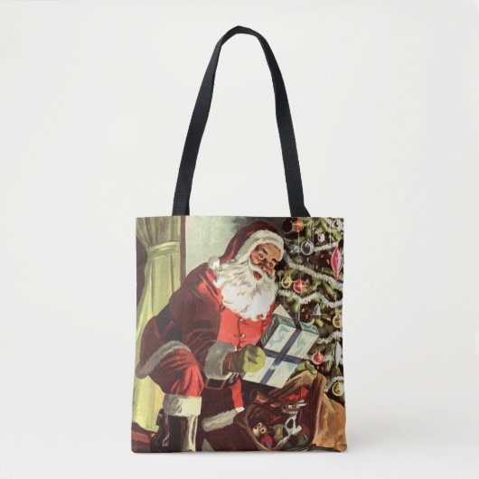 ヴィンテージクリスマス、レトロサンタクロースとプレゼント トートバッグ (正面)