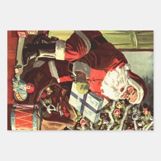 ヴィンテージクリスマス、レトロサンタクロースとプレゼント ラッピングペーパーシート (正面3)