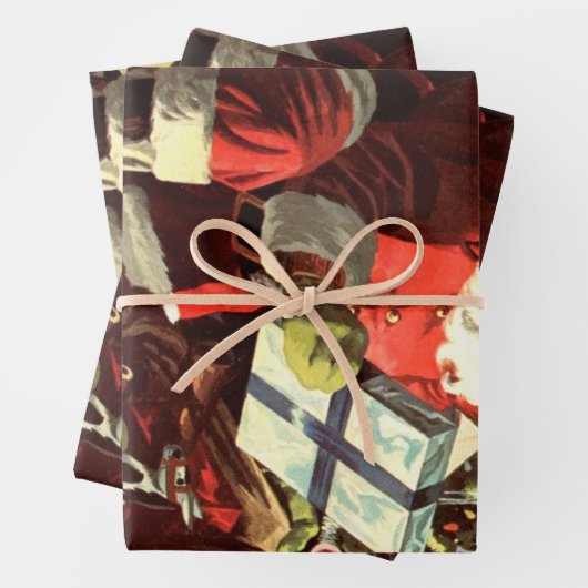 ヴィンテージクリスマス、レトロサンタクロースとプレゼント ラッピングペーパーシート (インサイチュ)