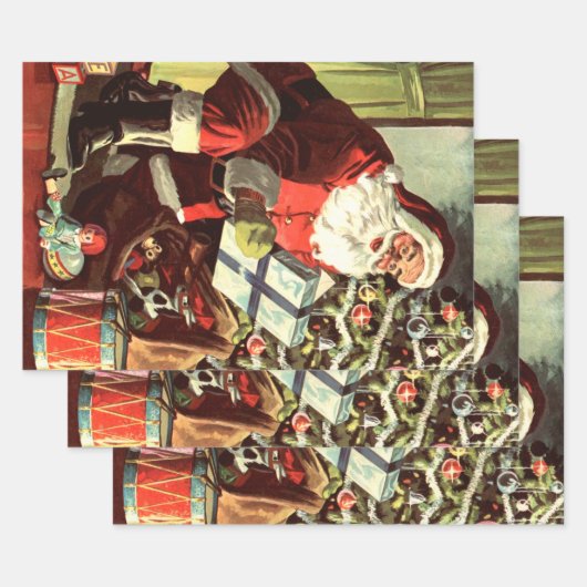 ヴィンテージクリスマス、レトロサンタクロースとプレゼント ラッピングペーパーシート (セット)