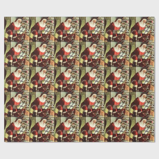 ヴィンテージクリスマス、レトロサンタクロースとプレゼント ラッピングペーパー (フラット)