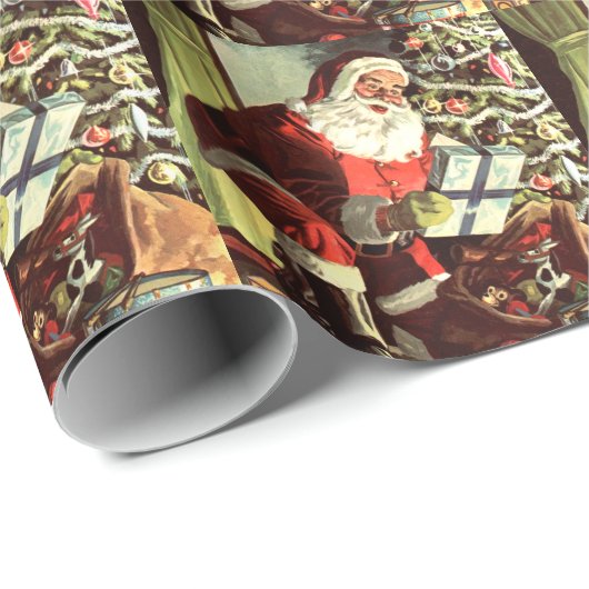 ヴィンテージクリスマス、レトロサンタクロースとプレゼント ラッピングペーパー (ロールコーナー)