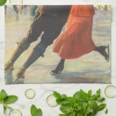 ヴィンテージクリスマス、ロマンチックなカップルのアイススケート キッチンタオル (折り畳み)