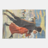 ヴィンテージクリスマス、ロマンチックなカップルのアイススケート キッチンタオル (横)