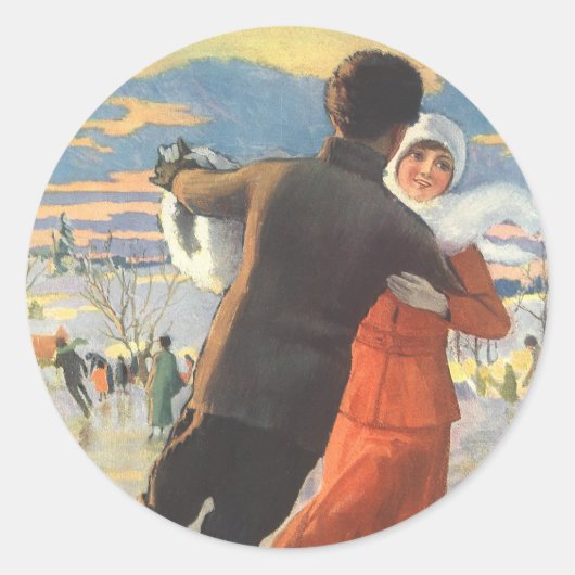 ヴィンテージクリスマス、ロマンチックなカップルのアイススケート ラウンドシール (正面)