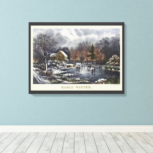 ヴィンテージクリスマス、冬の初めの氷上のスケーターたち キャンバスプリント (インサイチュ (ウッドフロア))