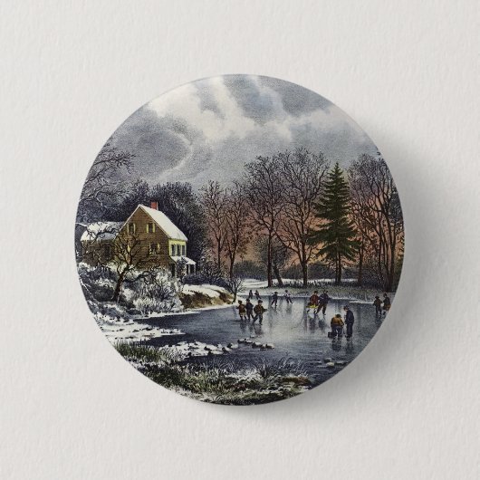 ヴィンテージクリスマス、冬の初めの氷上のスケーターズ 缶バッジ (正面)
