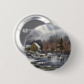 ヴィンテージクリスマス、冬の初めの氷上のスケーターズ 缶バッジ (正面&裏面)