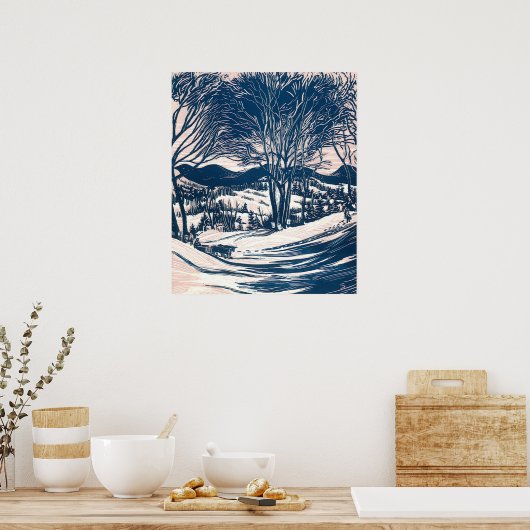 ヴィンテージクリスマス、冬の山の風景 ポスター (キッチン)