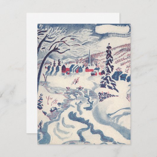 ヴィンテージクリスマス、冬の村の雪景色 シーズンカード (正面/裏面)