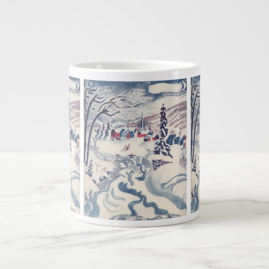 ヴィンテージクリスマス、冬の村の雪景色 ジャンボコーヒーマグカップ (正面)