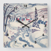 ヴィンテージクリスマス、冬の村の雪景色 スクエア壁時計 (正面)