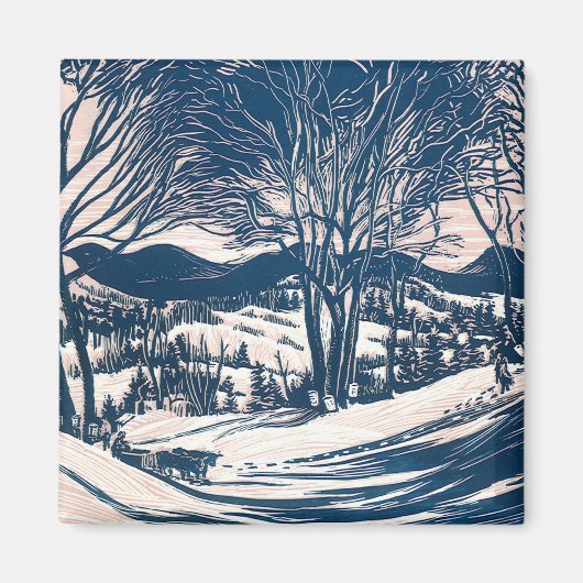 ヴィンテージクリスマス、冬の雪山の風景 マグネット (正面)