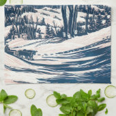ヴィンテージクリスマス、冬の雪山風景 キッチンタオル (折り畳み)