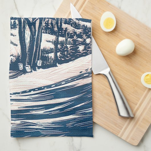 ヴィンテージクリスマス、冬の雪山風景 キッチンタオル (四つ折り)