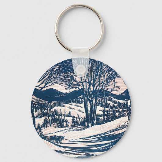ヴィンテージクリスマス、冬の雪山風景 キーホルダー (正面)