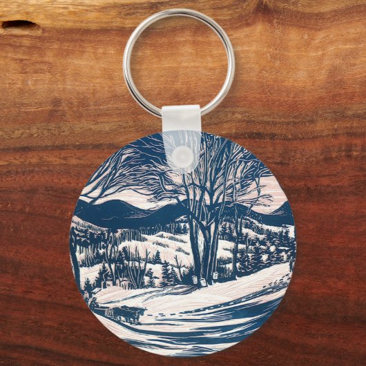 ヴィンテージクリスマス、冬の雪山風景 キーホルダー (裏面)