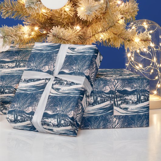 ヴィンテージクリスマス、冬の雪山風景 ラッピングペーパー (クリスマス)