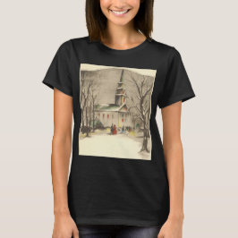 ヴィンテージクリスマス、冬の雪景色に佇む教会 Tシャツ
