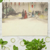 ヴィンテージクリスマス、冬の雪景色の教会 キッチンタオル (折り畳み)