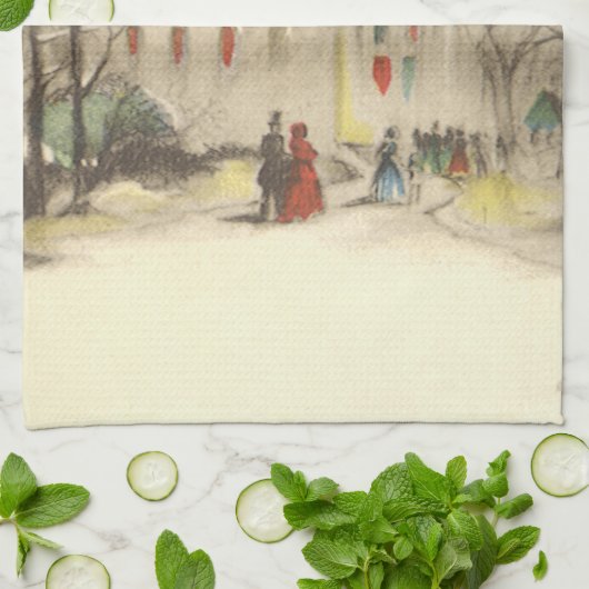 ヴィンテージクリスマス、冬の雪景色の教会 キッチンタオル (折り畳み)