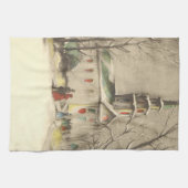 ヴィンテージクリスマス、冬の雪景色の教会 キッチンタオル (横)