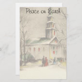 ヴィンテージクリスマス、冬の雪景色の教会 便箋 (正面/裏面)