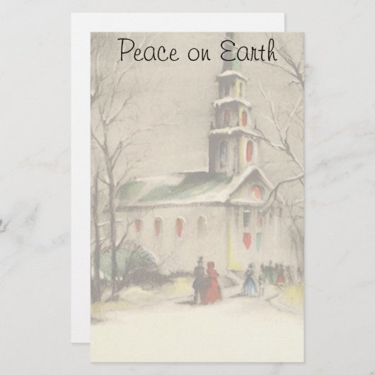 ヴィンテージクリスマス、冬の雪景色の教会 便箋 (正面/裏面)