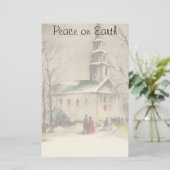 ヴィンテージクリスマス、冬の雪景色の教会 便箋 (スタンド正面)