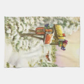 ヴィンテージクリスマス、冬の風景の中の郵便箱 キッチンタオル (横)