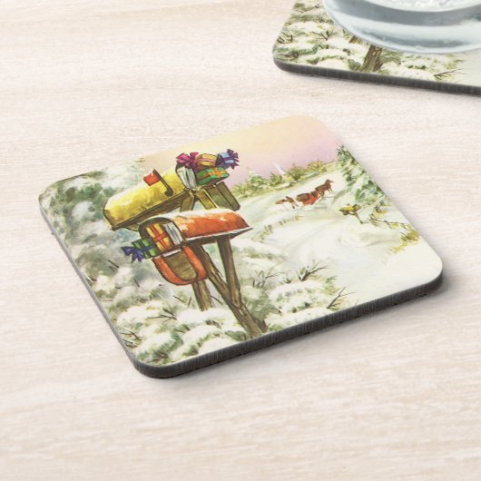 ヴィンテージクリスマス、冬の風景の中の郵便箱 コースター (左側)