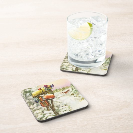 ヴィンテージクリスマス、冬の風景の中の郵便箱 コースター (右側)