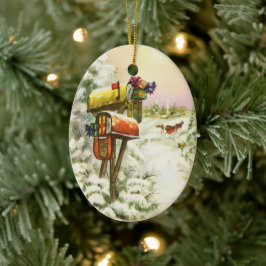 ヴィンテージクリスマス、冬の風景の中の郵便箱 セラミックオーナメント