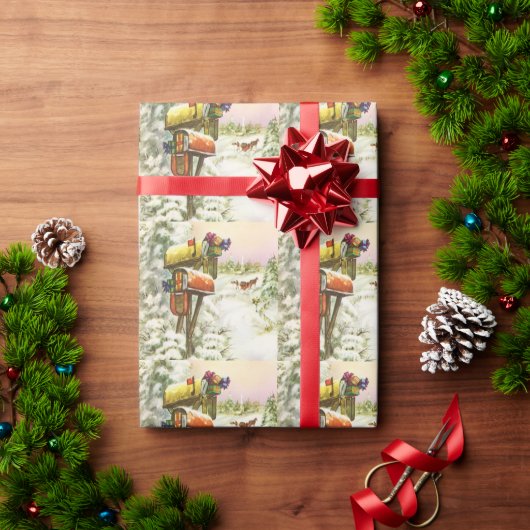 ヴィンテージクリスマス、冬の風景の中の郵便箱 ラッピングペーパー (クリスマスギフト)