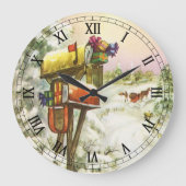 ヴィンテージクリスマス、冬の風景の中の郵便箱 ラージ壁時計 (正面)