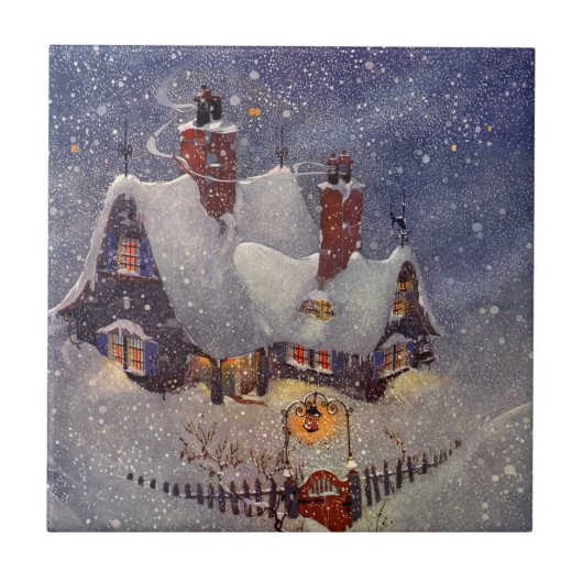 ヴィンテージクリスマス、北極のサンタクロースのワークショップ タイル (正面)