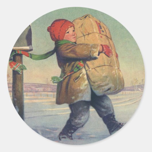 ヴィンテージクリスマス、大きなパッケージの子 ラウンドシール (正面)