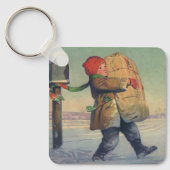 ヴィンテージクリスマス、大きなプレゼントを持つ子供 キーホルダー (正面)