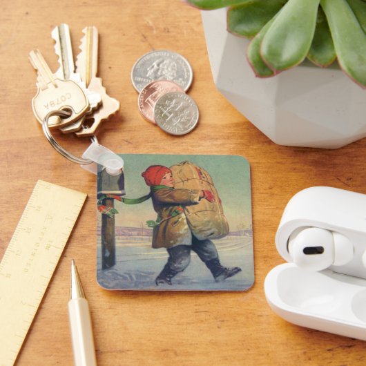 ヴィンテージクリスマス、大きなプレゼントを持つ子供 キーホルダー (デスク)