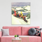 ヴィンテージクリスマス、子供たちの雪山滑り キャンバスプリント (インサイチュ (リビング))