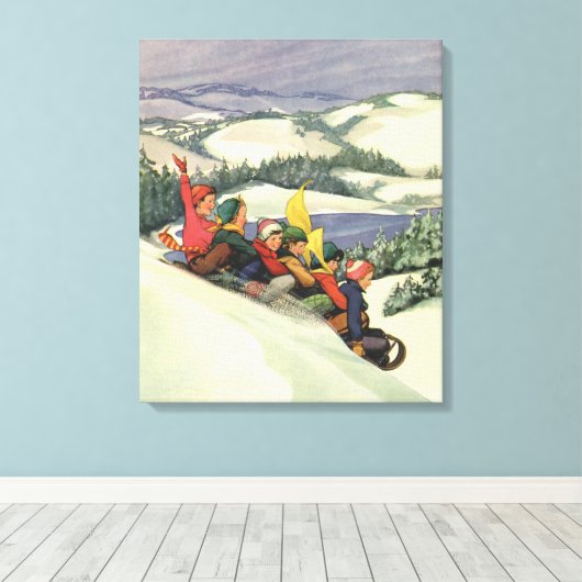 ヴィンテージクリスマス、子供たちの雪山滑り キャンバスプリント (インサイチュ (ウッドフロア))