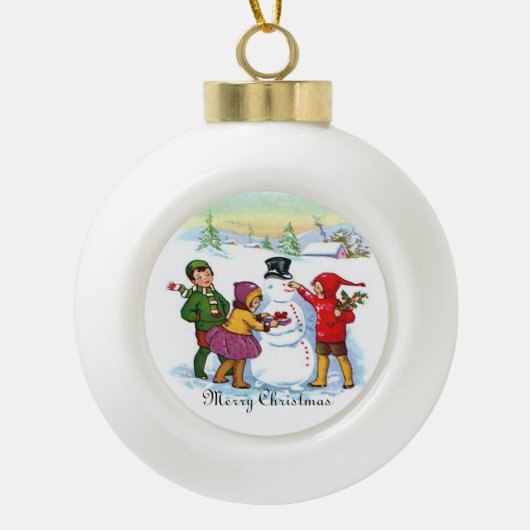 ヴィンテージクリスマス-子供たち、雪だるま セラミックボールオーナメント (正面)
