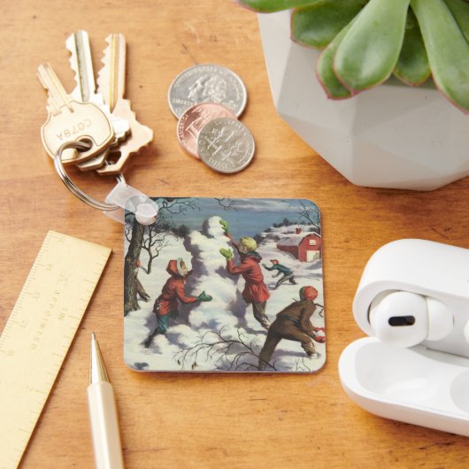 ヴィンテージクリスマス、子供雪合戦 キーホルダー (デスク)