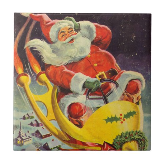 ヴィンテージクリスマス、宇宙船に乗ったサンタクロース タイル (正面)