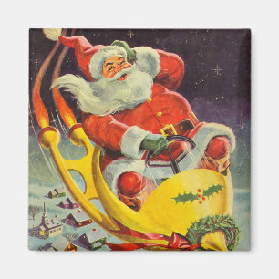 ヴィンテージクリスマス、宇宙船に乗ったサンタクロース マグネット